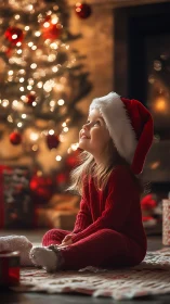 Child’s wonder in red pajamas beside glowing Christmas tree.