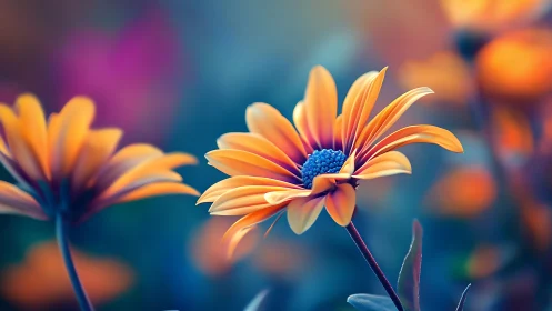 Shallow-depth Gerbera daisies rendered with chromatic aberration and selective focus bokeh