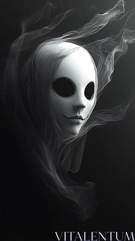 Ghostly porcelain mask drifts through shadowed smoke veil.