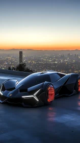 Futuristic black hypercar above city at neon dusk skyline.