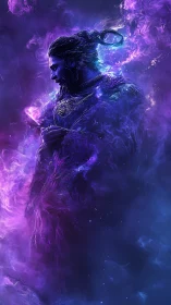 Nebula cloaked mage pauses thoughtfully in cosmic violet light