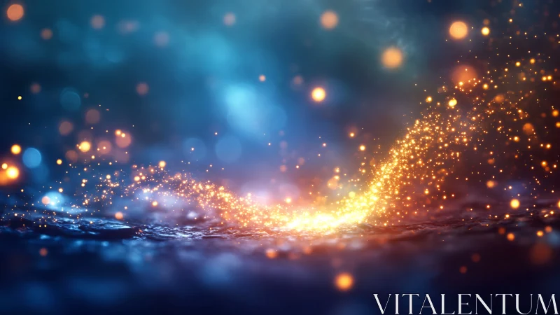 Golden light particles swirling over blurred blue water.