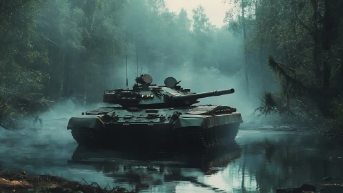 Steel beast drifting quietly through misty forest waters.