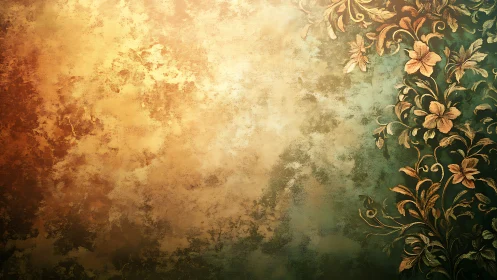 Aged floral fresco gradient with baroque metallic flourishes.