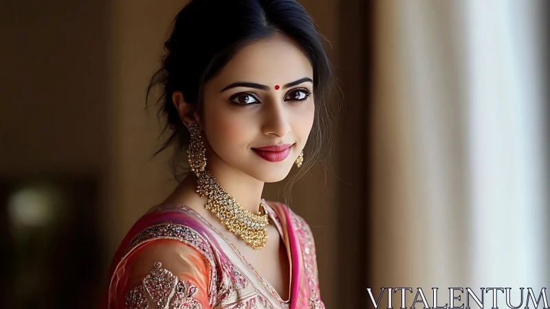 Indian bride portrait in pink saree, soft window light.