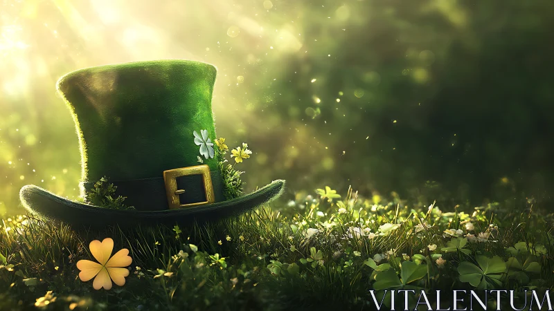 Leprechaun hat glows in sunlit clover meadow scene.