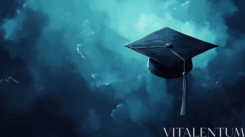 Floating graduation cap drifts upward in a hopeful sky