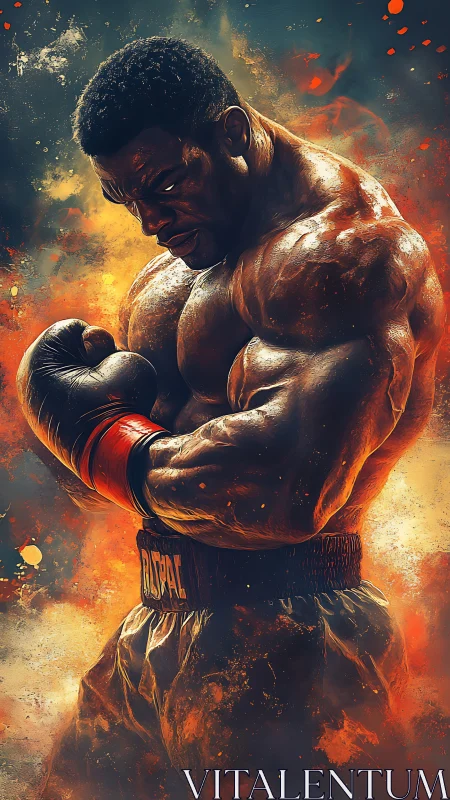 Muscular boxer in fighter stance surrounded by dynamic fire and particle effects.