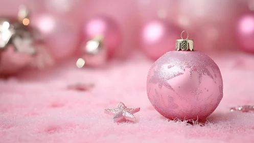 Pink Christmas ornament rests on soft glittered surface