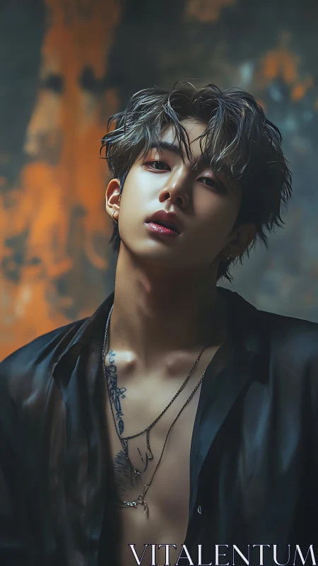 Dramatic low-key portrait of tattooed man in translucent shirt