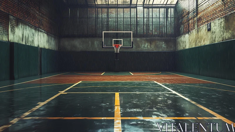 Empty indoor basketball court glistens under dim light.