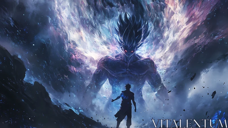 Cosmic energy titan emerges behind silhouetted warrior in nebular rift