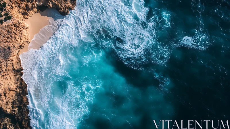 Turquoise waves crash against rugged sandstone coastline.