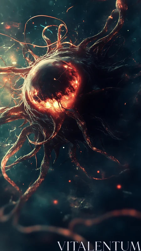 Cosmic inferno core with writhing tendrils in deep void.