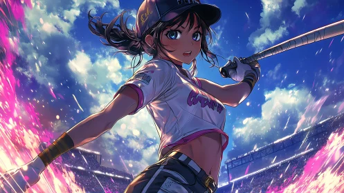 Anime softball player swings bat in glowing stadium scene.