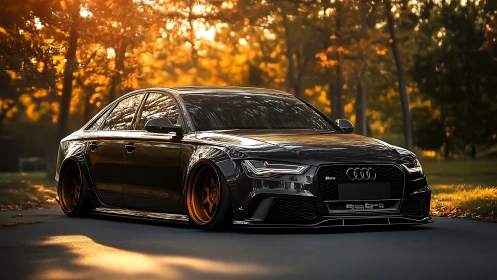 Modified black Audi sedan parked on road at sunset.