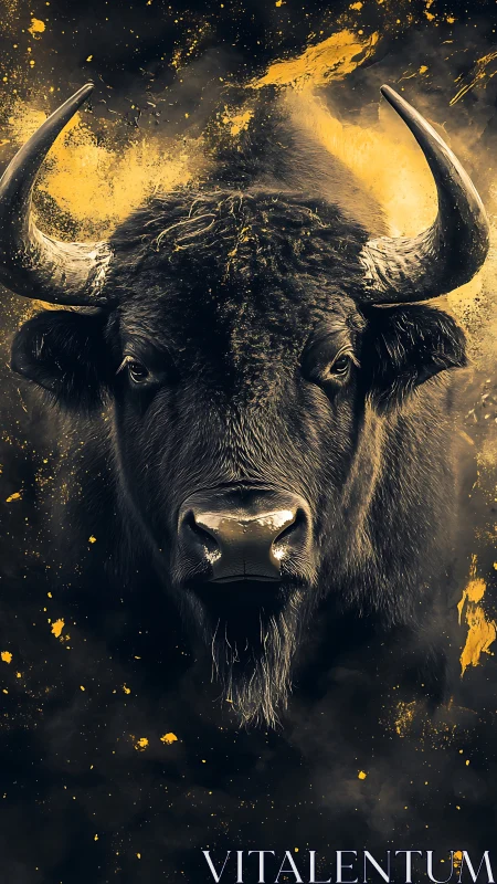 Bold buffalo portrait glows with powerful golden energy