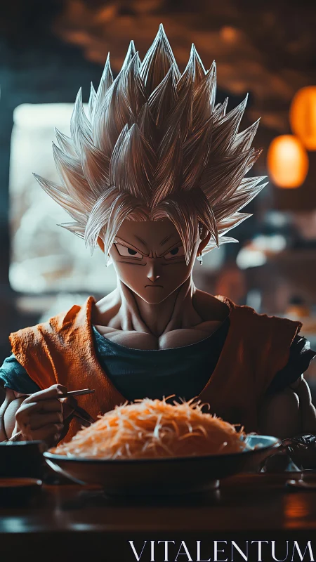 Spiky haired anime warrior framed by warm ramen bistro lighting.