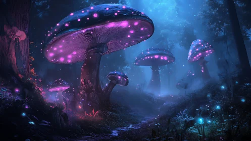 Luminescent mushroom giants guard a dream-soaked forest path.
