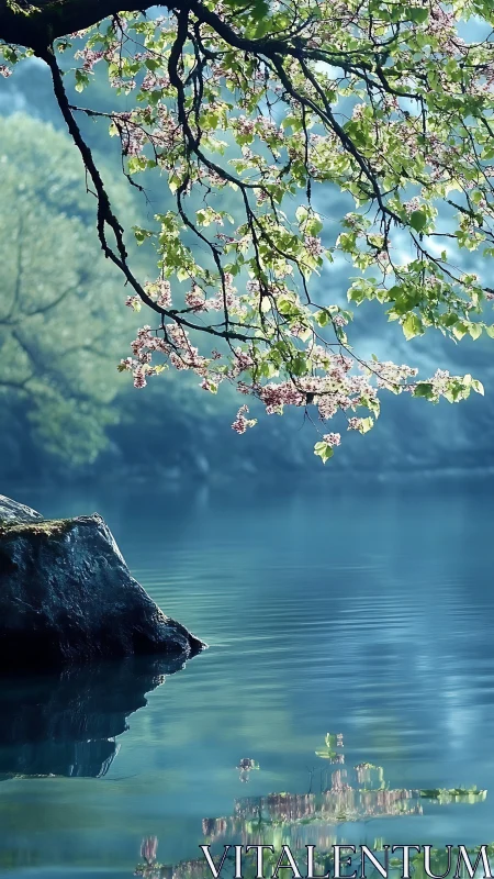 Photorealistic lakeside bough with reflective water surface study.