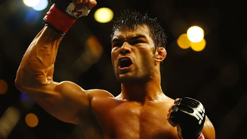 MMA fighter celebrates victory with raised gloved fist under lights.