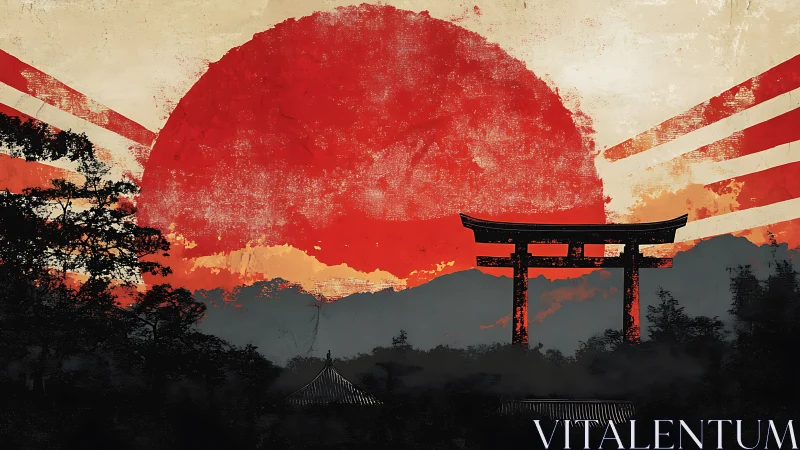 Torii gate silhouette stands before distressed red sun
