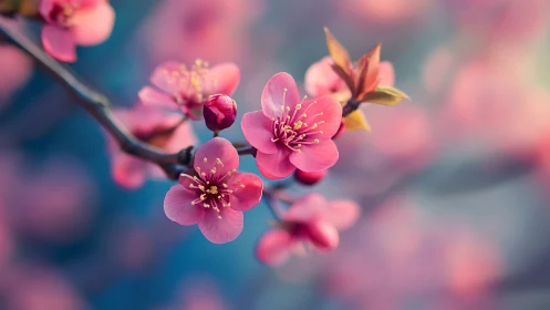 Pink Blossoms on Branch with Selective Focus and Teal Background