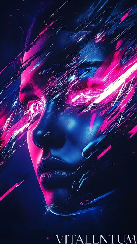 Neon-lit cybernetic female face with fragmented light streaks.