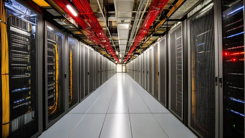 Symmetrical corridor view of modern data center server racks.