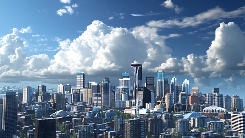 Sunlit Seattle skyline under towering cumulus clouds.