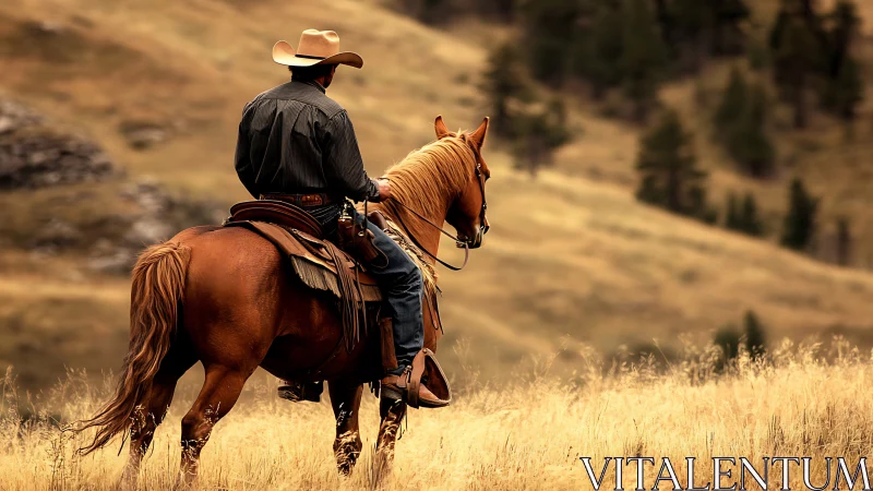 Lone cowboy on horseback surveys rolling prairie hills.