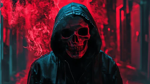 Hooded skull figure in red smoke filled urban alleyway.