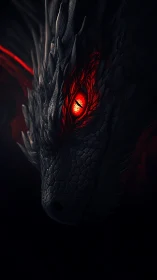 Dark scaled dragon head with illuminated red central eye.