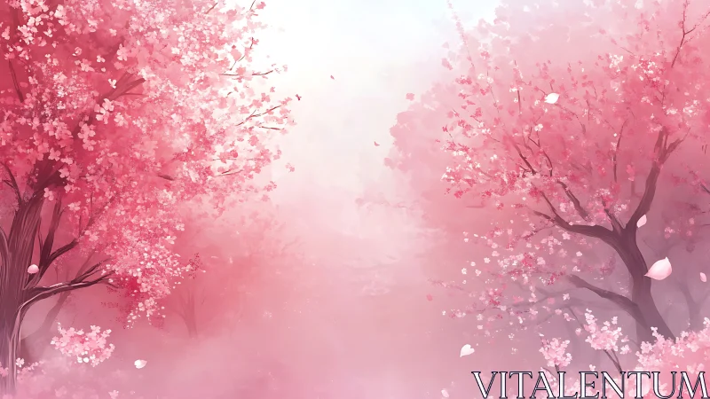 Cherry blossom grove glows in soft pastel spring light.