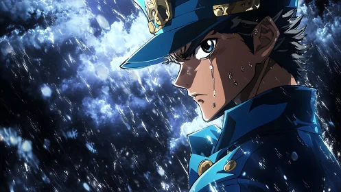 Anime soldier stands in heavy rain with intense expression