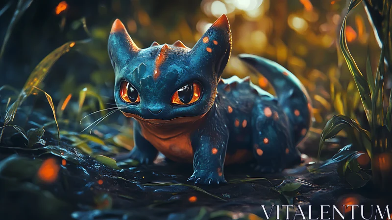 Bioluminescent baby dragon creature in glowing forest undergrowth