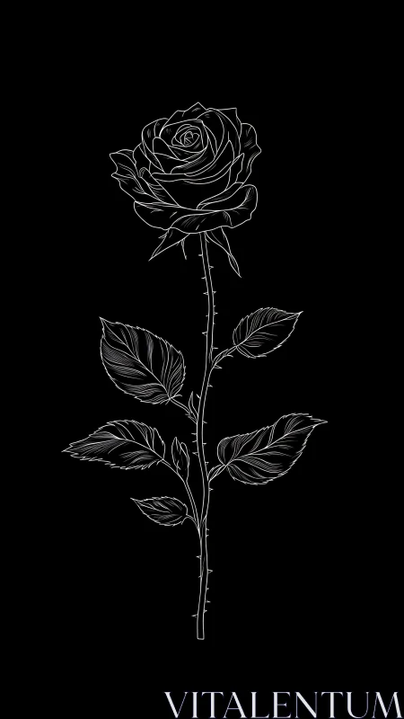 Single white line rose drawing stands on solid black background