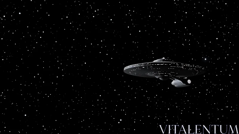 Sleek starship gliding through a calm, starlit galaxy.