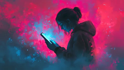 Solitary user illuminated by smartphone in neon vapor haze