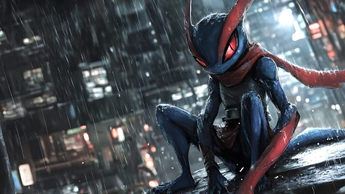 Anthropomorphic amphibian figure on wet urban rooftop at night.