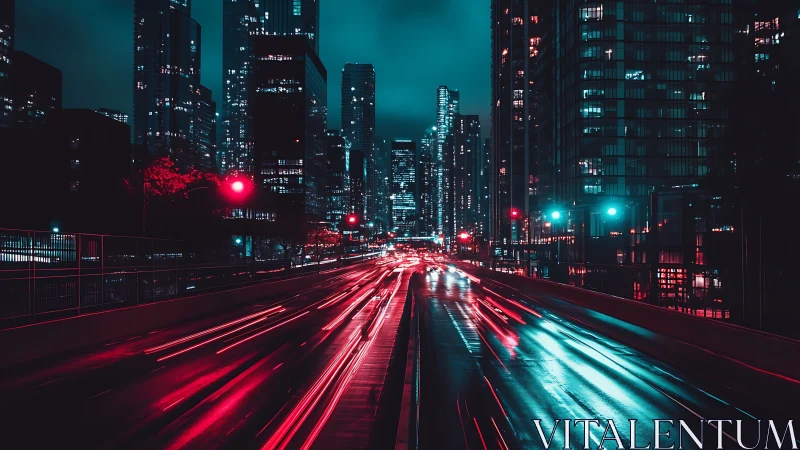 Night traffic light trails through dense urban high‑rise core.