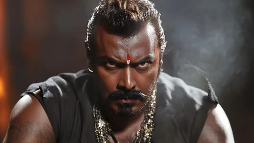 Intense warrior portrait with dramatic lighting and smoke.