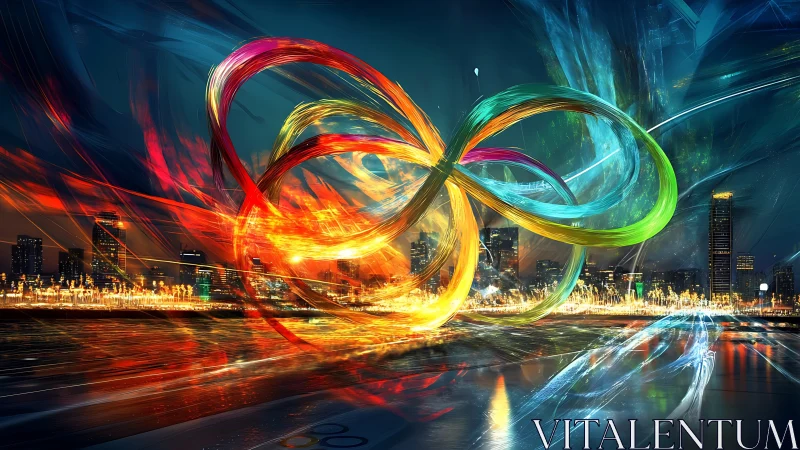 Neon energy ribbons swirl above futuristic night skyline.