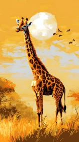 Giraffe stands in golden savanna grass under bright sun