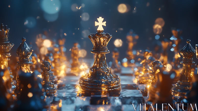 Luminous crystal king amid glittering chess battlefield.