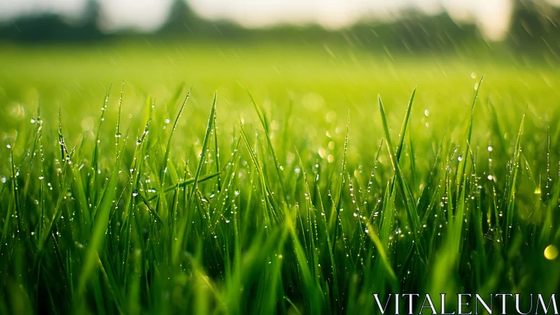 Backlit dew-covered grass blades in shallow focus field.