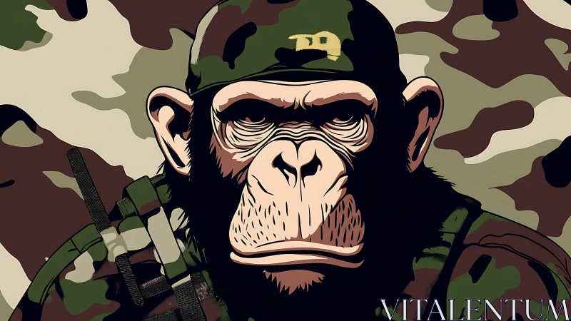 Vector-rendered tactical chimpanzee portrait in camo gear.