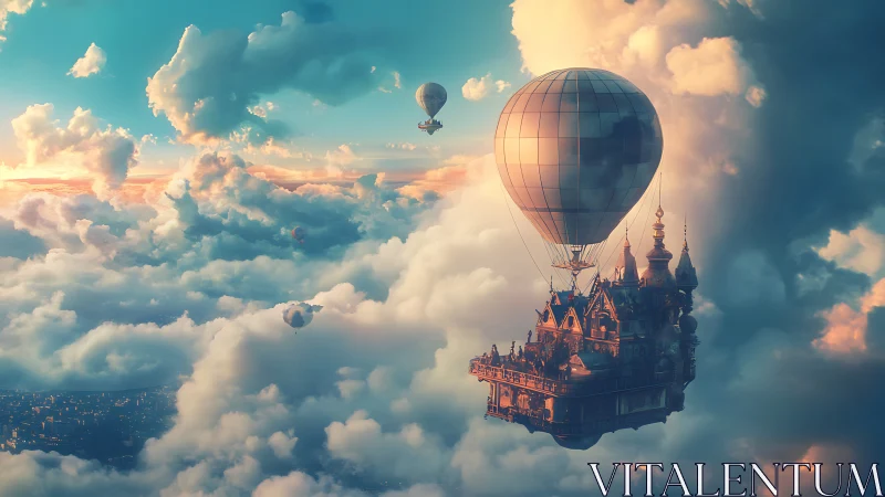 Floating palace airship among dense illuminated clouds.