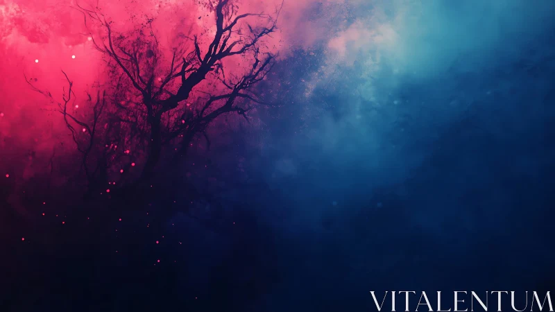 Twilight branches drink starlight from a nebula sky