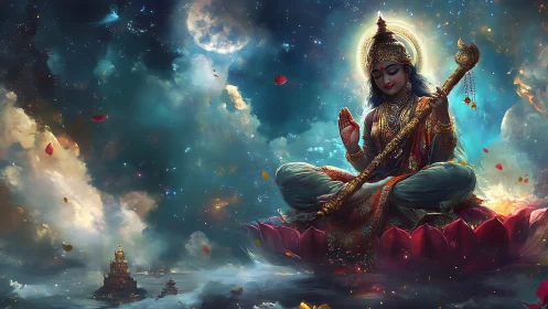 Cosmic goddess meditates on lotus amid radiant nebulae.